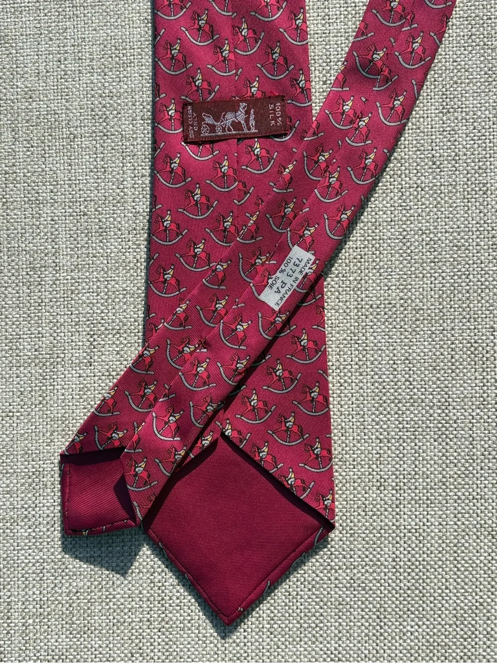 Hermès Paris Rocking Horse Rider Silk Tie Burgundy Pink France